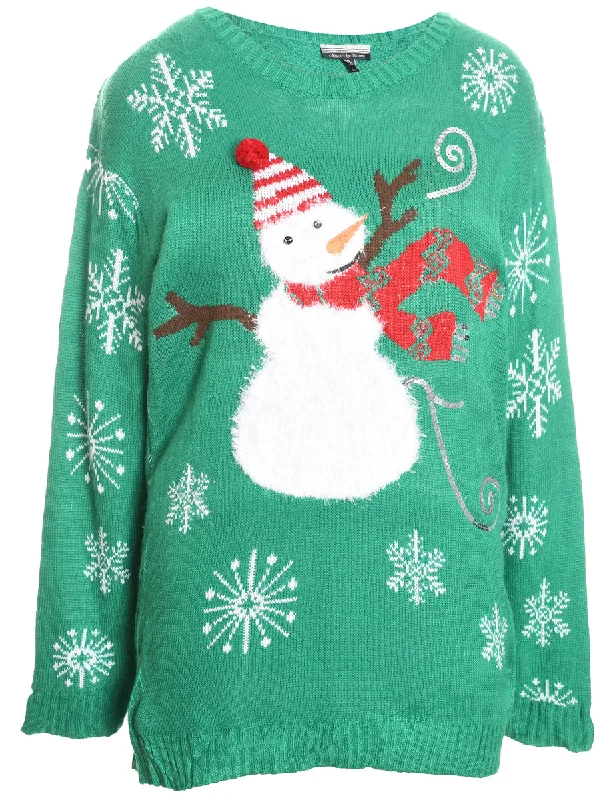 Warehouse Sale Snowman Design Green Striped Knit Christmas Jumper - XL
