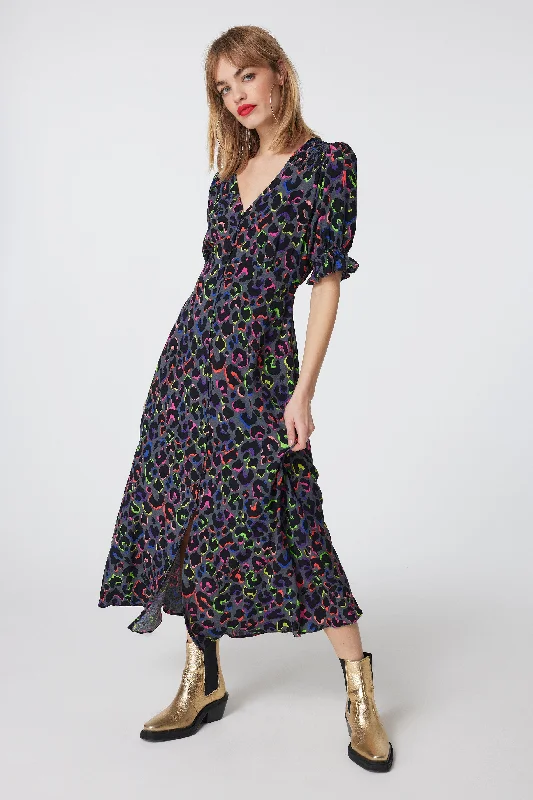 Limited Time Offer winter dressGrey with Rainbow Shadow Leopard Flute Sleeve Midi Tea Dress