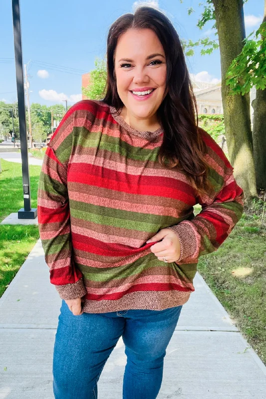 Sale Event Perfectly You Olive & Mauve Stripe Two-Tone Banded Sweater Top (Open Pack)