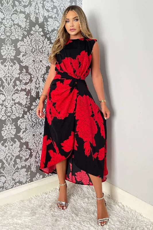 One-DAY Sale minimalistic dressIndia Red and Black Floral Print Wrap Style Midi Dress