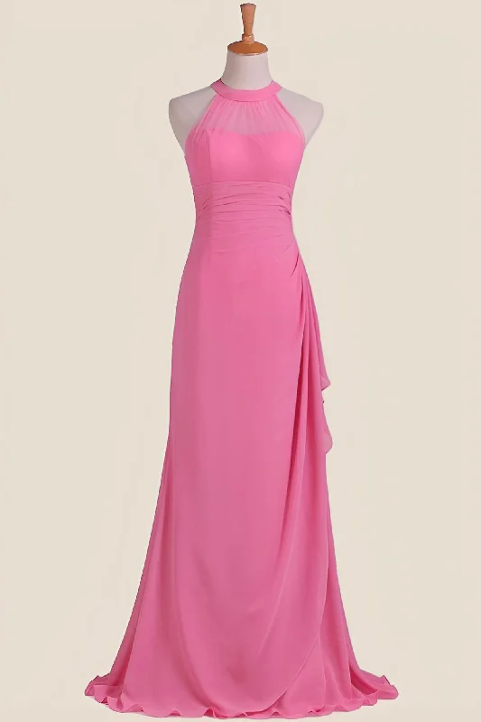 pleated dressHot Pink Halter Chiffon Draped Long Dress