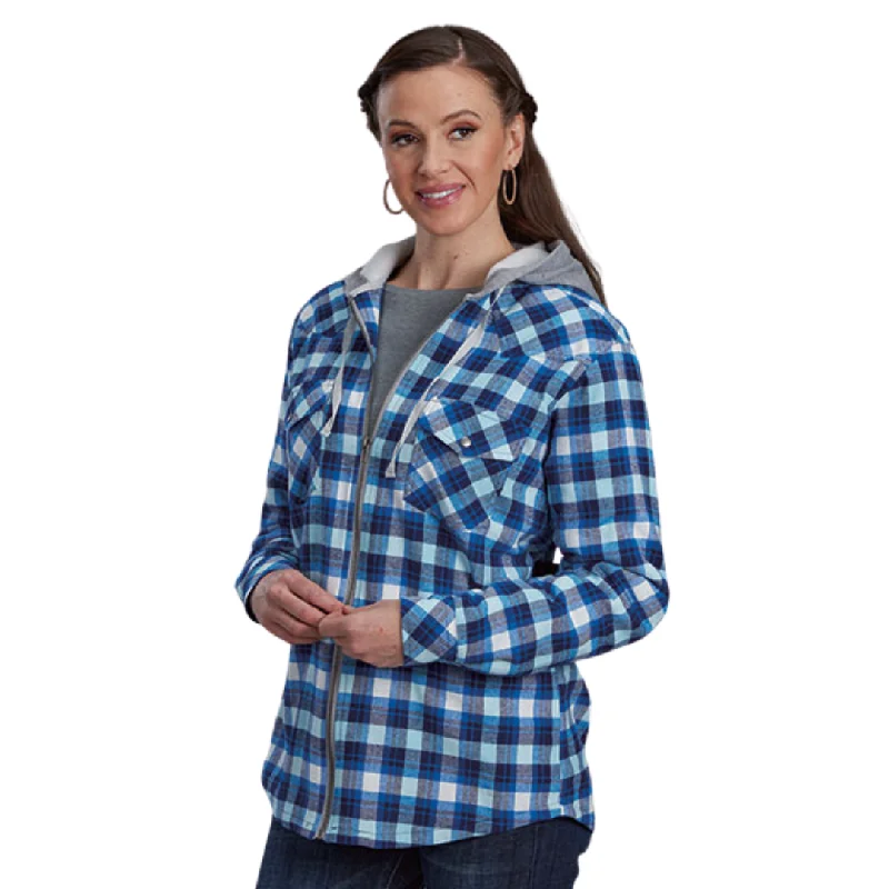 trendy jacketWomen's Blue/White Plaid Flannel Lined Zip Up Hoodie