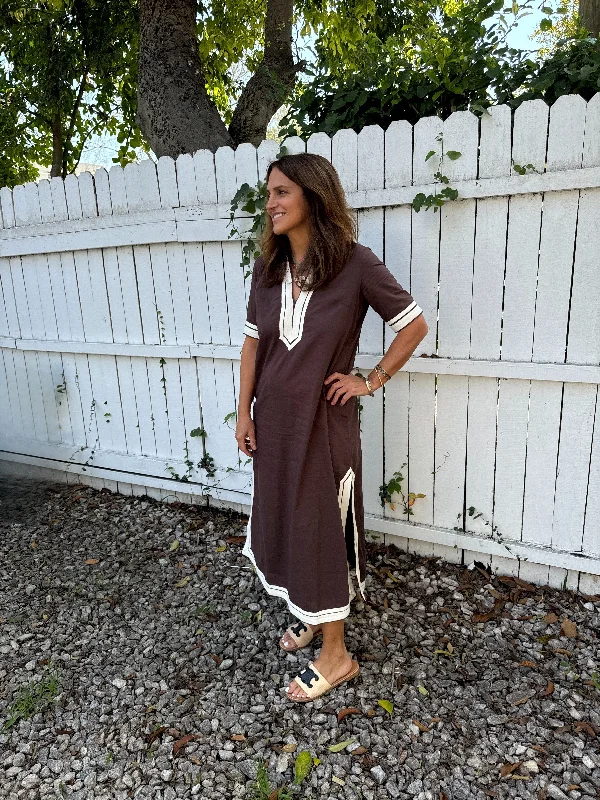 Deep Discounts Linann Midi Dress Short Sleeve Brown with Off White Trim