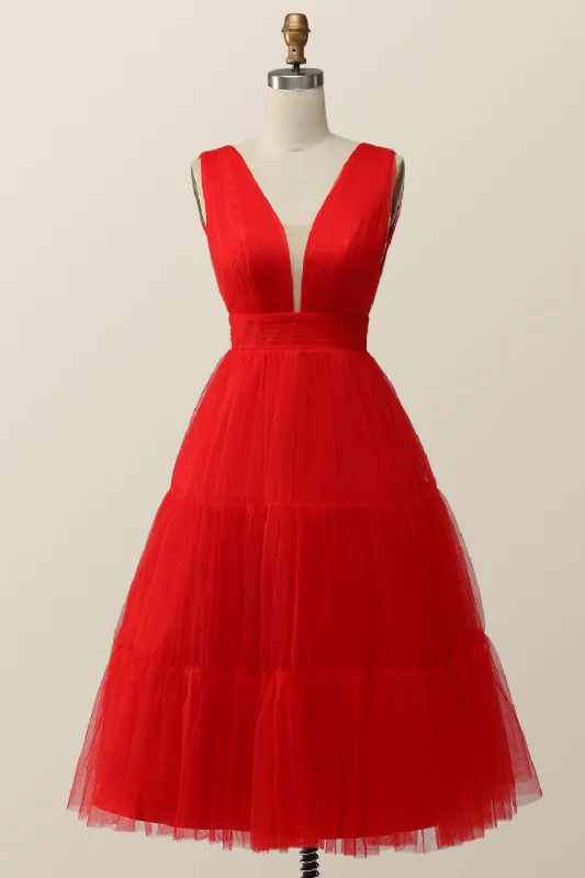 stylish party dressEmpire Red Tulle A-line Midi Dress