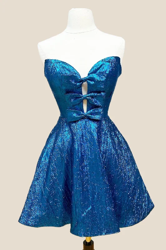 velvet dressPlunge Neck Blue Short Party Dress with Bow