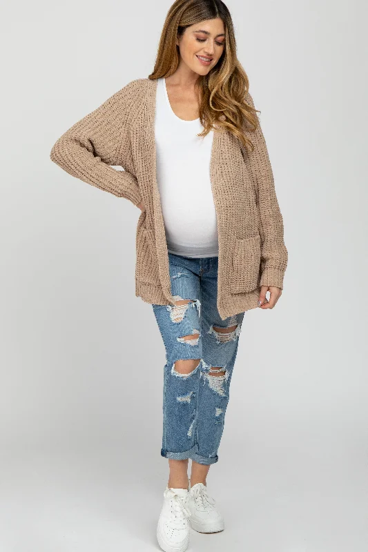 Extra Savings Taupe Ribbed Cable Knit Maternity Cardigan