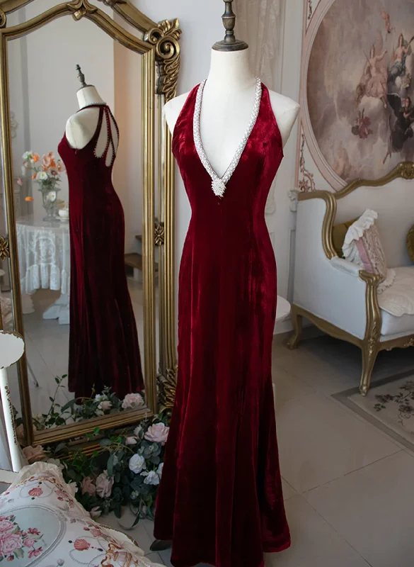 Special Savings chic slip dressWine Red Halter Beading Velvet Mermaid Long Party Dress, DP2660