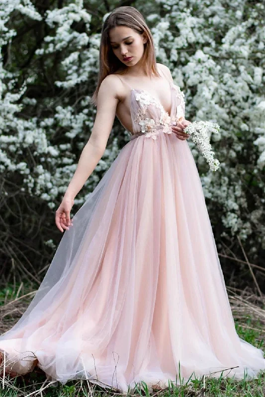 Factory Direct Sale Romantic Spaghetti Straps Long Formal Dress with Handmade Flowers AN635