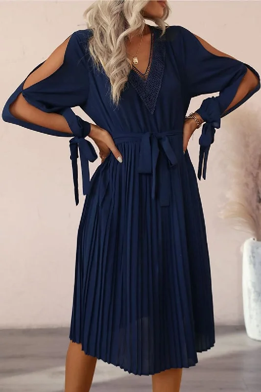 Price Slash evening dressV NECK CUT OUT TIED SLEEVE PLEATED CASUAL DRESS