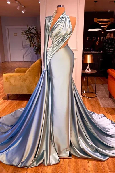 off-the-shoulder dressGorgeous One Shoulder Long Sleeves Mermaid Prom Dress With Beads Y928