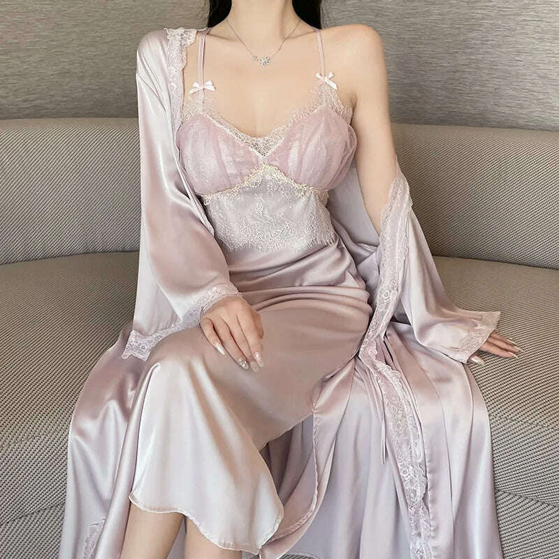 graphic coatElegant Long Robe Suit Sexy Home Dressing Gown Lace Trim Kimono Bathrobe Backless Nighty&robe Set Intimate Lingerie Nightgown