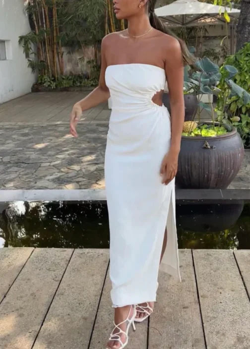 Lowest Price stylish party dressWhite Strapless Cut Out Elegant Party Dress with Slit, DP2417 Lowest Price stylish party dressWhite Strapless Cut Out Elegant Party Dress with Slit, DP2417