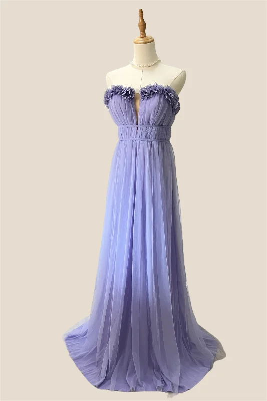 floral wrap dressStrapless Lilac 3D Folral Tulle Long Dress