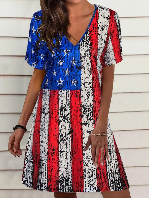 Year-End Sale flowy maxi dressLoose Star Stripe V-Neck Short Sleeve Dress