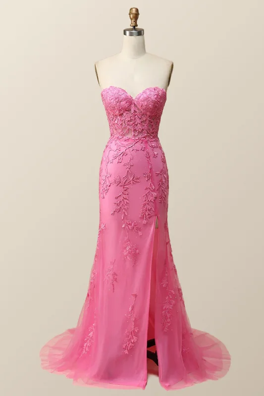 knit dressStrapless Hot Pink Lace Mermaid Long Prom Dress