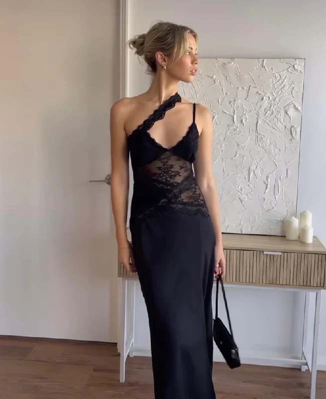 Major Savings vintage dressSexy Black Straps Lace Satin Mermaid Long Party Dress, DP2357