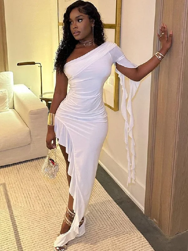 Limited Availability fitted bodycon dressWhite One Shoulder Asymmetrical Prom Dress Black Girl Party Dress,DP1682
