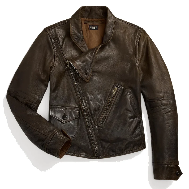 Big Discounts RRL by Ralph Lauren Womens Leather Moto Jacket Dark Sepia