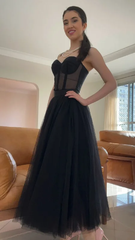 cocktail dressClassy A-line Straps Black Tulle Prom Dress,Black Formal Gown Y1070