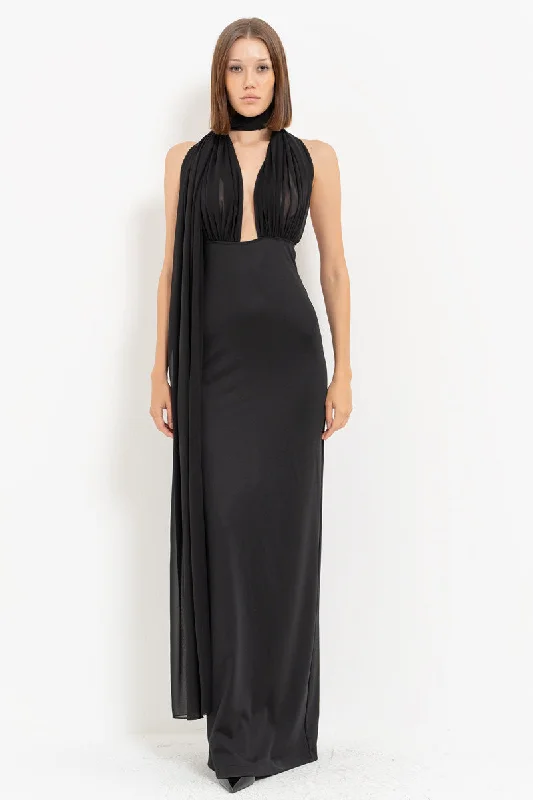 Deal of the Day VOIL MESH BLACK LONG DRESS