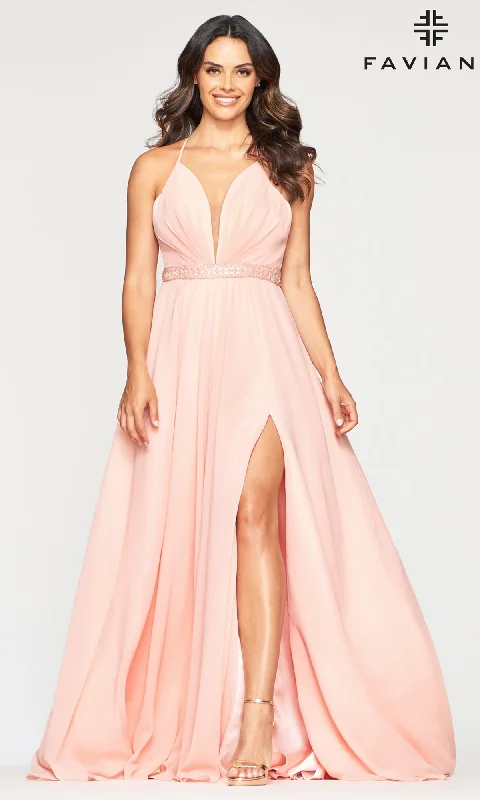 structured dressFaviana Long Chiffon Beaded-Waist Prom Dress