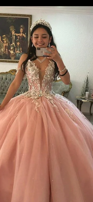 summer dressDeep V Neck Pink Tulle Ball Gown Princess Dress Y583