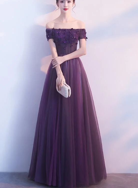 off-shoulder dressOff Shoulder Purple Tulle With Lace Prom Dresses Y884