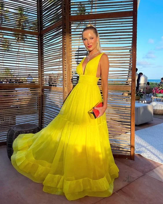 relaxed fit dressCharming A Line V Neck Yellow Chiffon Long Prom Dresses, Wedding Guest Dresses Y1306