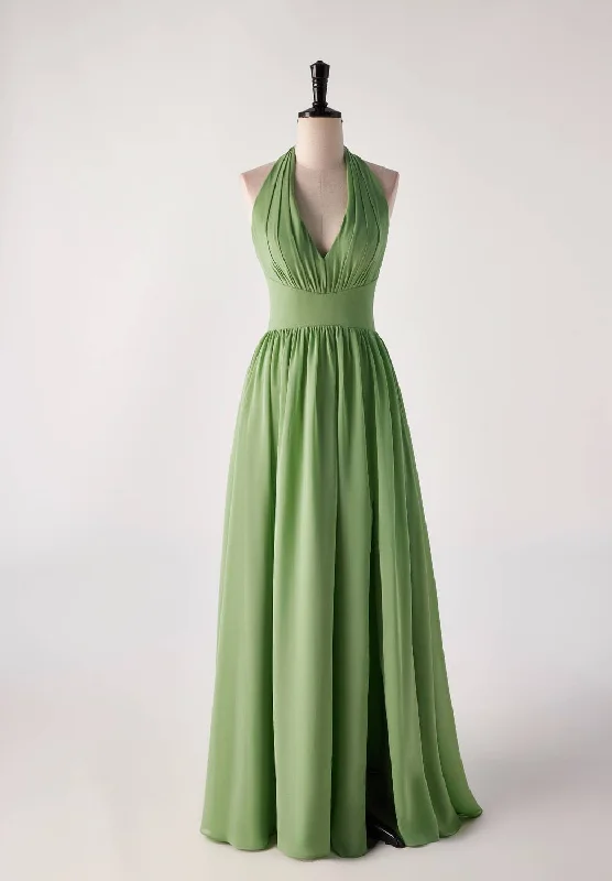 party-ready dressHalter V Neck Matcha Green Long Bridesmaid Dress