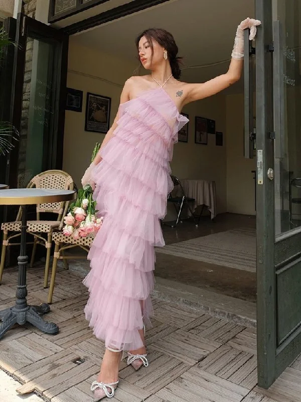 Don't Miss floral wrap dressPink Halter Tulle Tiered Backless Long Prom Dress with Slit,DP1762