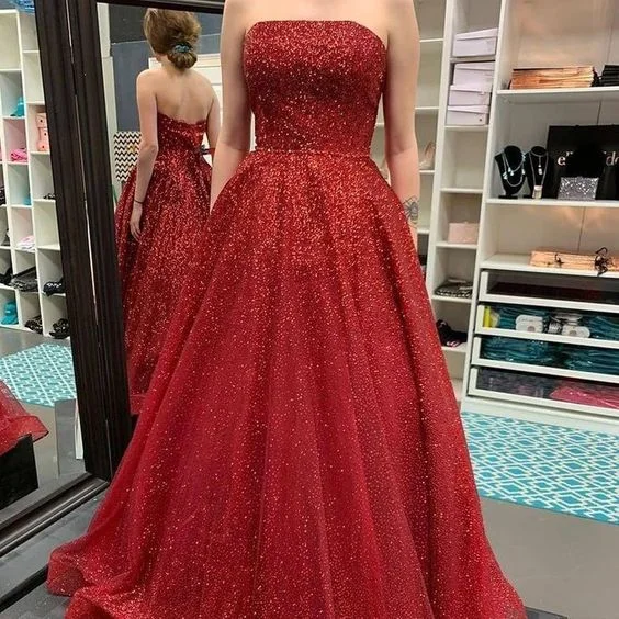 evening dresscharming strapless red formal prom dress, long evening formal dress Y773