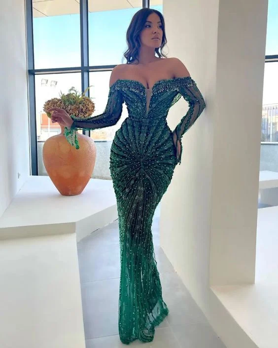 stylish party dressElegant Green Wedding Dresses Luxurious Beaded Reception Dress Y28