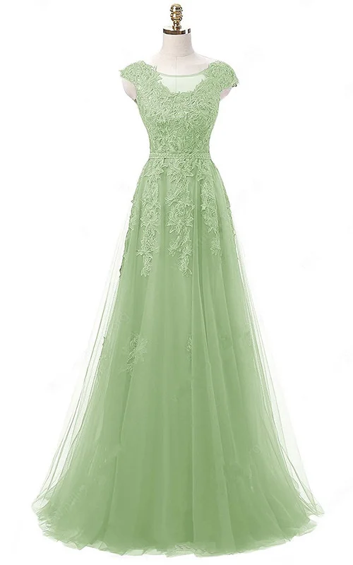 elegant shift dressA Line Scoop Neck Tulle Floor Length Appliques Lace Light Green Long Prom Dress Y834