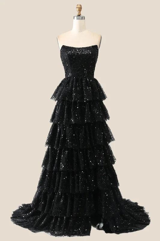 evening dressBlack Sparkle Tulle Tiered Ruffles Gown