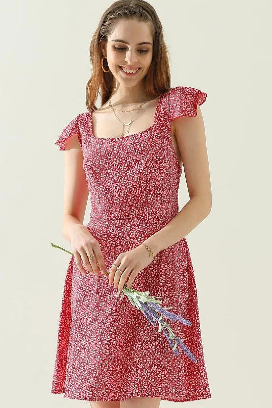 Great Deals romantic dressFLORAL SQURE NECK CAP SHOULDER SHORT DRESS
