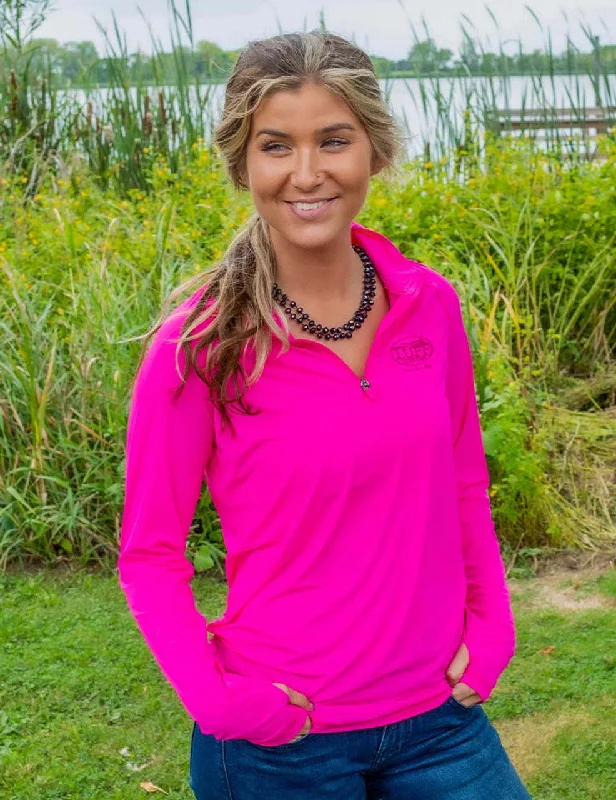 functional coatBreathe Instant Cooling UPF Quarter Zip Long Sleeve Shirt w/ Thumbholes (Hot Pink)