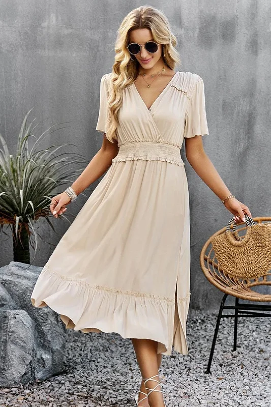 Super Savings layered dressWIDE SLEEVE TIGHTEN WAIST SLIT RUFFLED DRESS