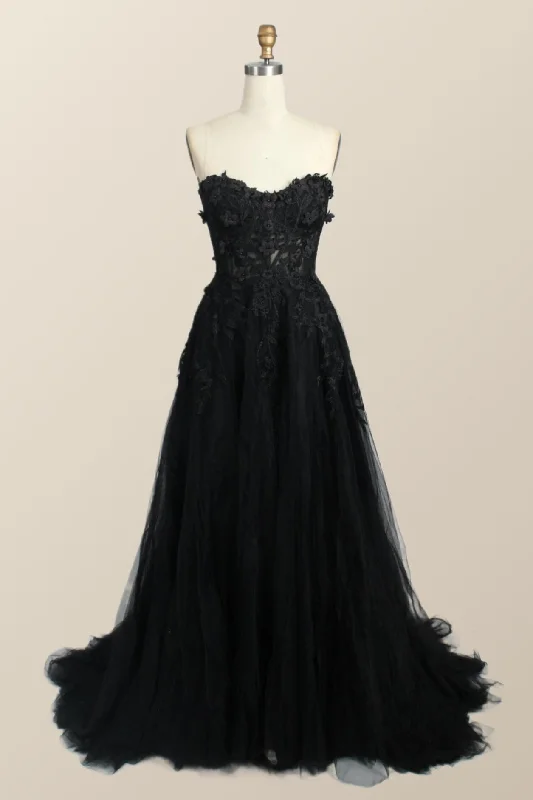 stylish dressBlack Floral Embroidery Strapless A-line Formal Dress