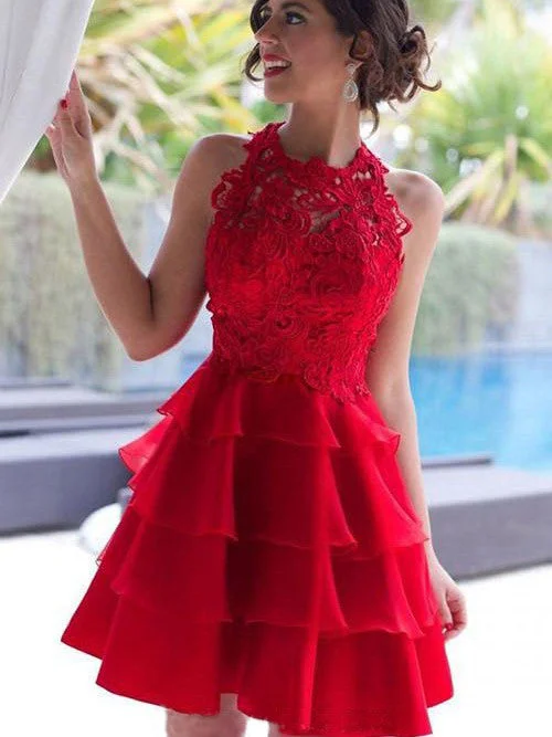Overstock Homecoming Dress Red Lace Flouncing Short Prom Dress Party Dress JK109