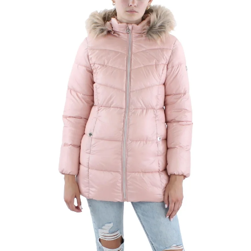 fashion coat with hoodWomens Faux Fur Trim Polyester Puffer Jacket