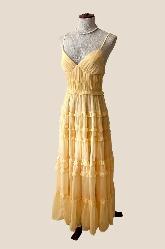 structured dressV-neck Yellow Ruffle Ruched Long Chiffon Dress