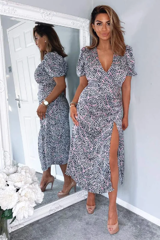 Discount Deals long sleeve dressBecca Navy White and Pink Ruched Side Midi Dress