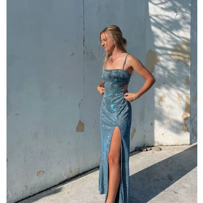 Midnight Madness trendy mini dressShiny Spaghetti Straps Backless Long Party Dress with Slit, DP2621