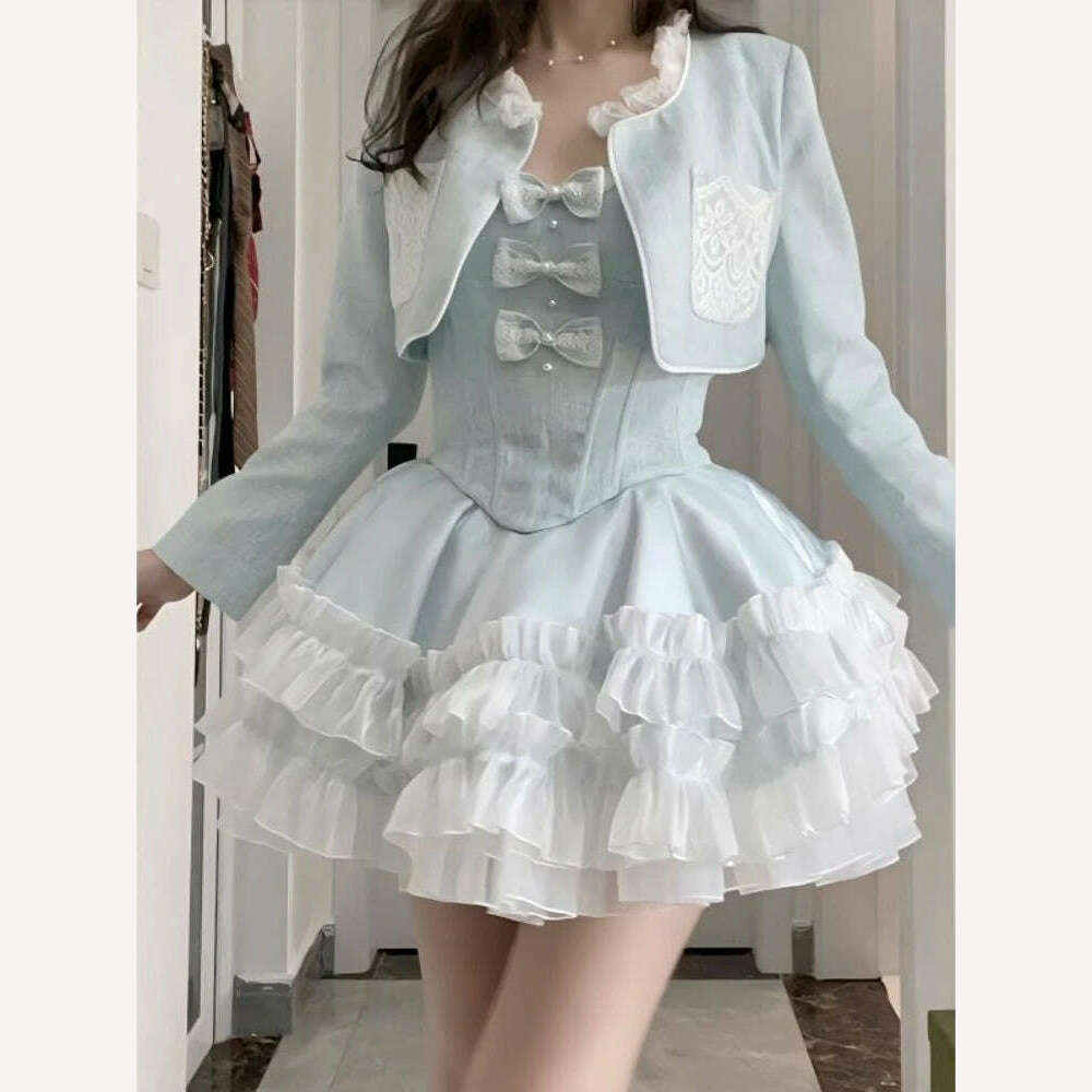 versatile coatBlue Sweet Kawaii Two Piece Set Women Summer Sexy Elegant Party Mini Dress Suits Female Lolita Cute Dress + Long Sleeve Coat New