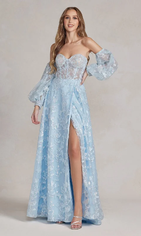 layered dressStrapless Long Lace Prom Dress with Puff Sleeves