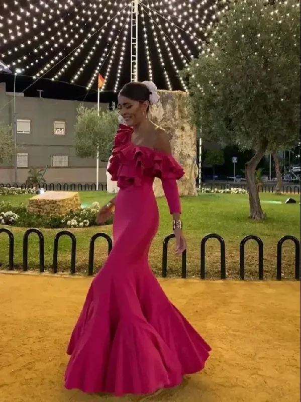 Overstock spaghetti strap dressFuchsia Long Sleeves Ruffle Mermaid Formal Evening Dress, DP2620