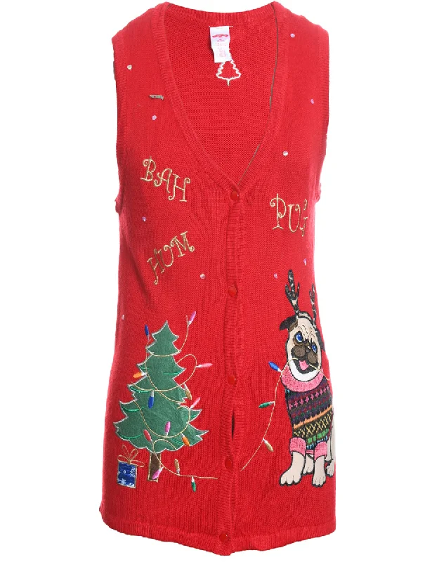 Price Cut Christmas Tree Print Sweater Vest - M