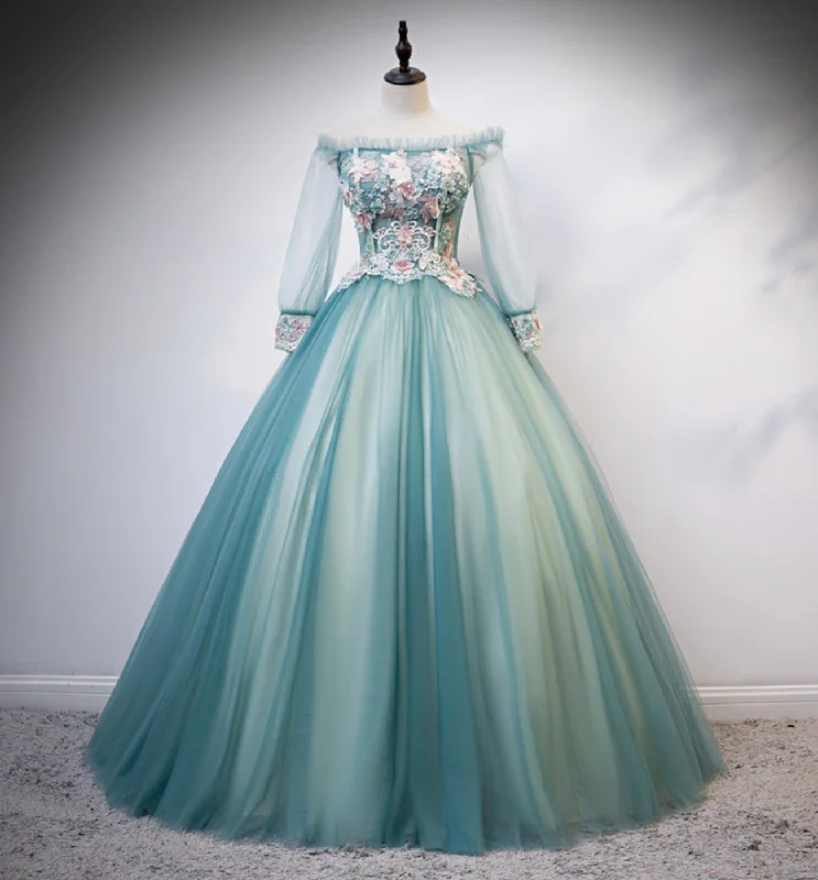 lace-up dressGreen tulle lace long ball gown dress formal dress s107