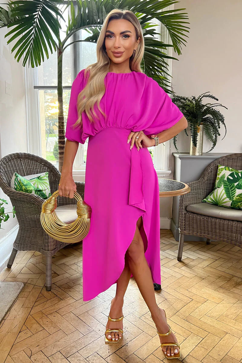 Final Markdown playful dressDestiny Hot Pink Batwing Top Wrap Skirt Midi Dress