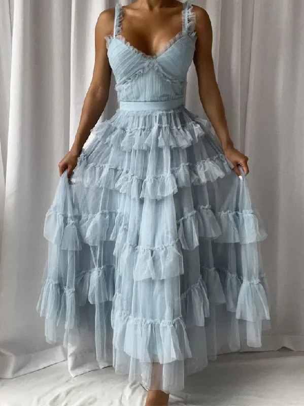 Daily Deals backless dressLight Blue A-Line Tulle Tiered Cute Prom Dress Party Gown, DP2561